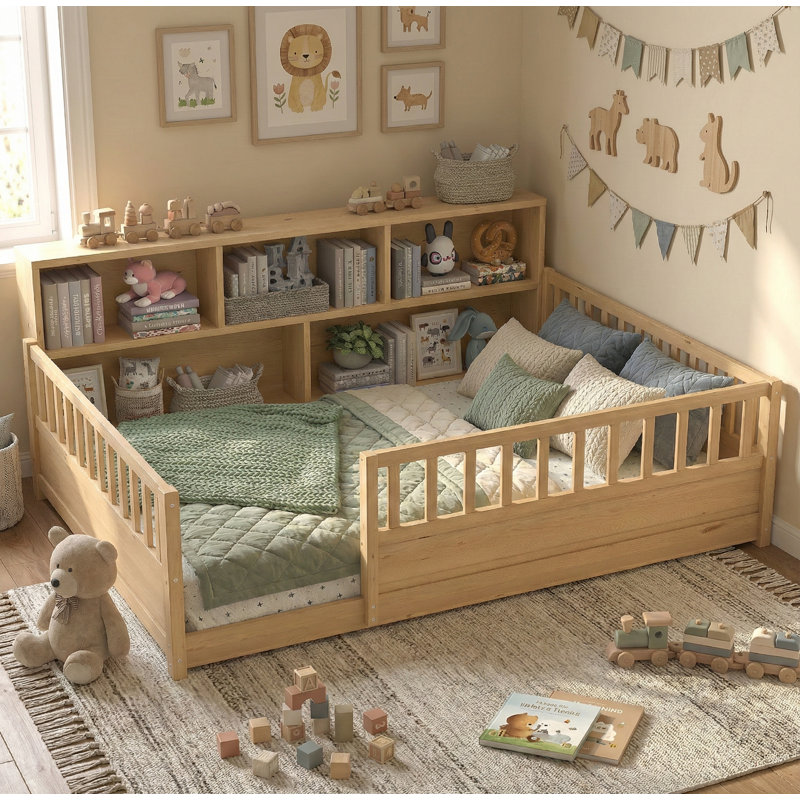Kids Wooden Floor Bed with Fence-Style Guardrails and Built-In Bookcase Storage, Full, Natural