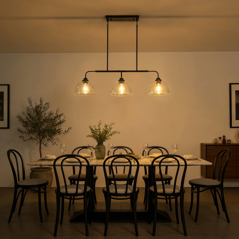 Modern 3-Light 39.37" Linear Kitchen Island Chandelier With Clear Glass Shades, Matte Black