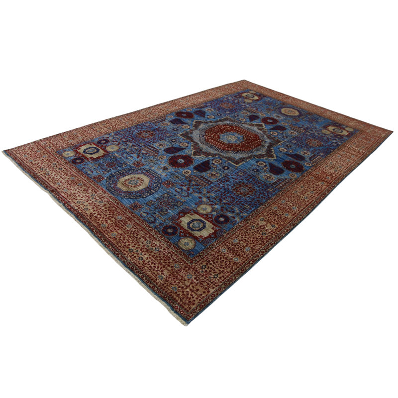 Hand Knotted Wool Area Rug in Blue And Beige, Rectangle 5'10" x 9'1"