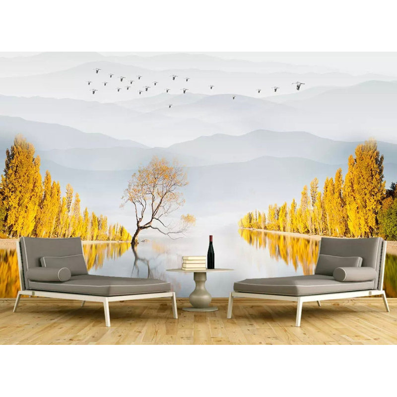 Papier peint lac jaune avec paysage de montagnes jaunes, L 9 po x l 15 po