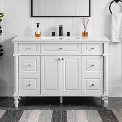 47.8 Inch Vintage-Style Freestanding Bathroom Vanity with Sink, Bathroom Cabinet with 6 Drawers and 2 Doors, Solid Wood Legs, Soft-Closing Hinges