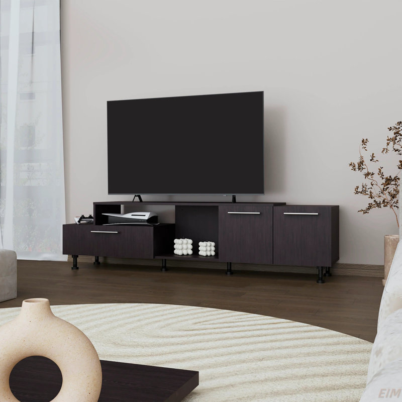 Meuble audio-vidéo avec rangement ouvert et 2 armoires latérales
