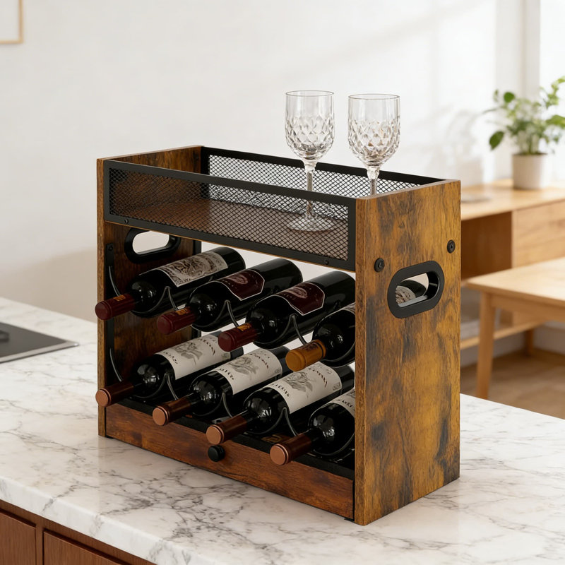 Support à vin de comptoir à 3 niveaux avec tiroir, organisateur industriel rustique pouvant contenir 18 bouteilles pour le sirop de café, les boissons alcoolisées et les essentiels de bar, conception peu encombrante pour la cuisine, le bar à la maison ou le restaurant