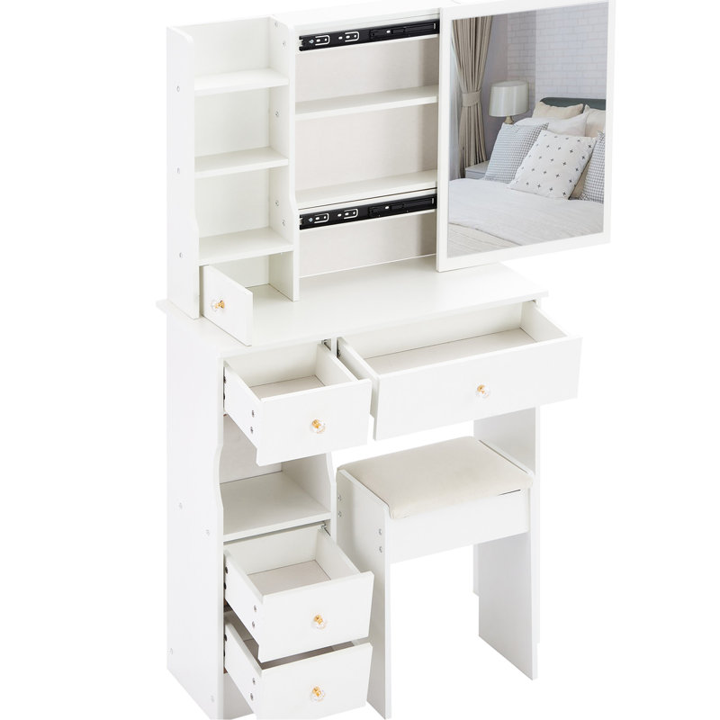 Petit meuble-lavabo American Design avec profondeur de 29,2 po, tiroir à gauche, miroir coulissant à droite, rangement multicouche et tabouret rembourré, tabouret haut de style blanc de 50,4 po pour les espaces