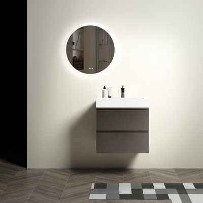 Meuble-lavabo de 24 po gris - Design moderne mural, rangement de tiroir double, traîneau silencieux, contemporain non moderne, pour un rangement simple, scellé, élégant