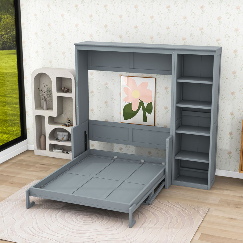 Lit escamotable en bois avec tablettes de rangement et bureau, Gris, Double
