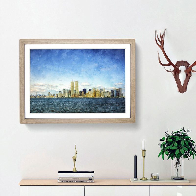 New York Skyline with the Twin Towers - Picture Frame Graphic Art Print, 33cm H x 45cm W x 2cm D, Oak Framed
