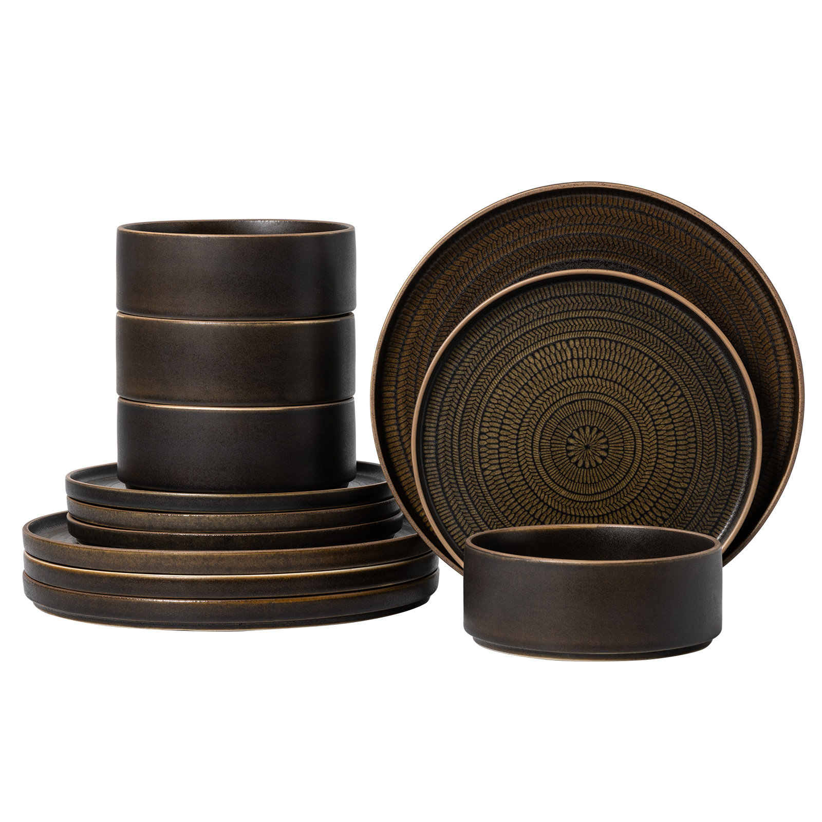 ALOFMO 12 Piece Stoneware Dinnerware Sets, Service for 4 (Black/Brown)