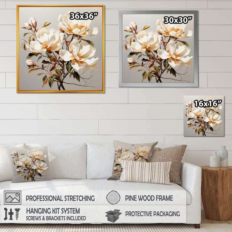 Magnolia beige et fleurs vertes, Cadre simple noir, H 16 po x l 16 po x P 1 po