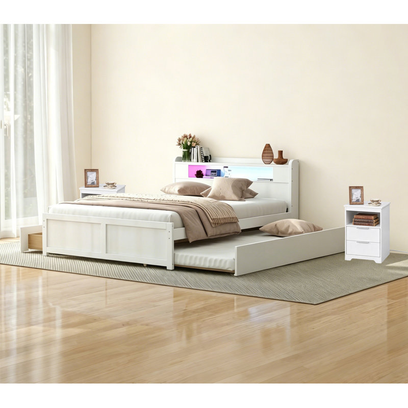 3-Pieces Queen Bedroom Set, 1 Platform Bed with LED, Drawers and Trundle​ Bed and 2 Nightstands with Charging Station