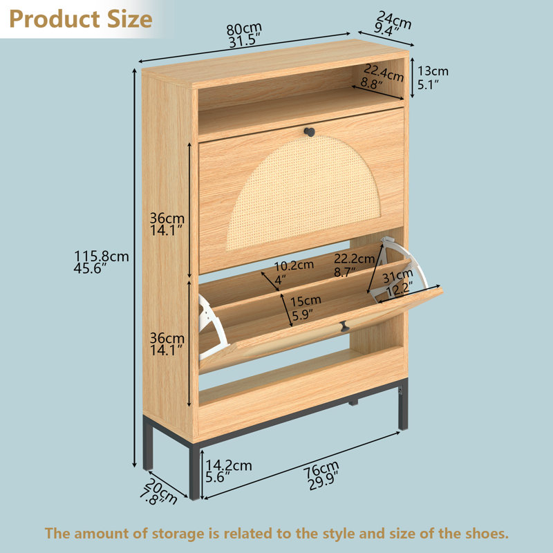 Rattan Shoe Cabinet, Shoe Storage Cabinet With 2 Flip Drawers, Hidden Shoe Storage(Natural), Natural