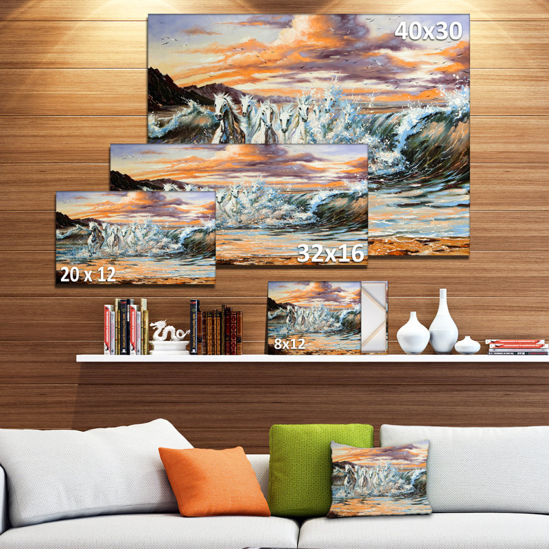 Peinture animalière, "Chevaux des vagues", H 20 po x l 20 po x P 1 po