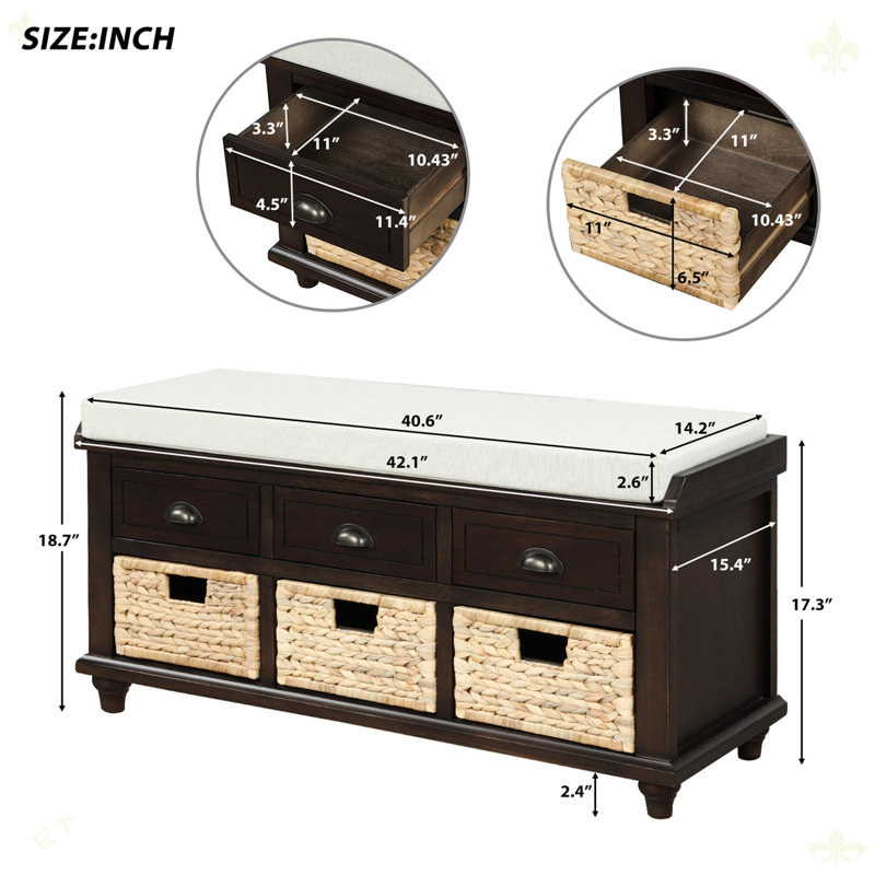 Rustic Storage Bench With 3 Drawers And 3 Rattan Baskets, Espresso