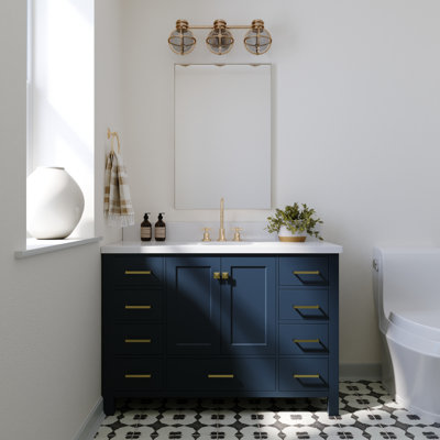 Cambridge 43'' Solid Wood Single Bathroom Vanity in Midnight Blue, with 1.5'' Pure White Quartz Top, Center, Oval Sink