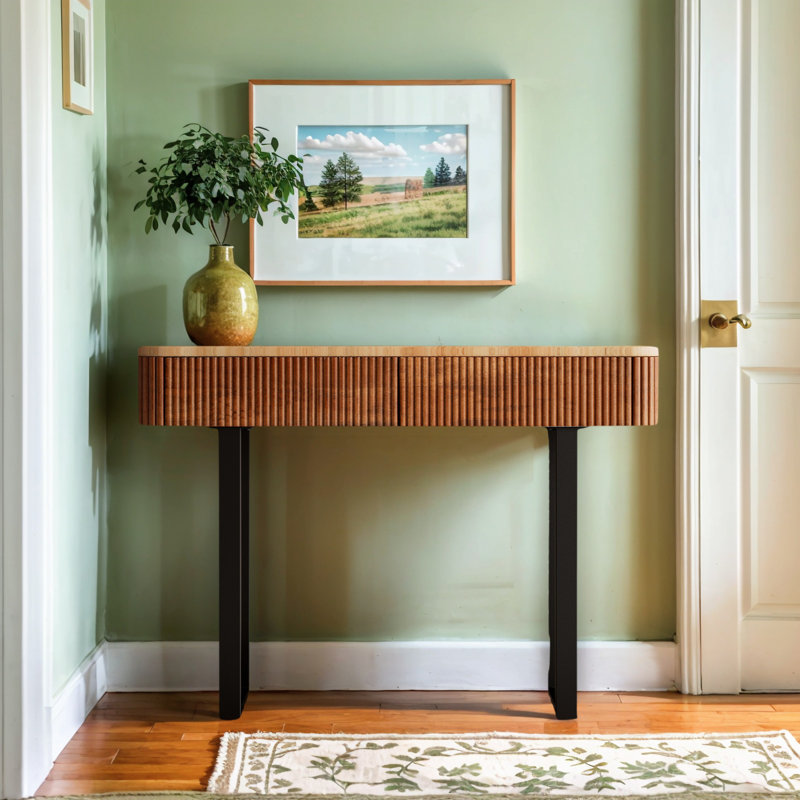 Solid Wood Entryway Table With Storage,Narrow Console Table With Fluted Design & Metal Legs, Functional Sofa Table For Hallway