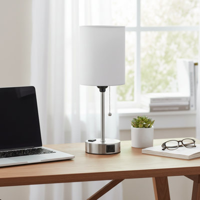Small Silver Bedside Lamp Three Color Temperatures USB-C USB-A Dual Ports Zipper Switch Socket Metal Base Kids Reading