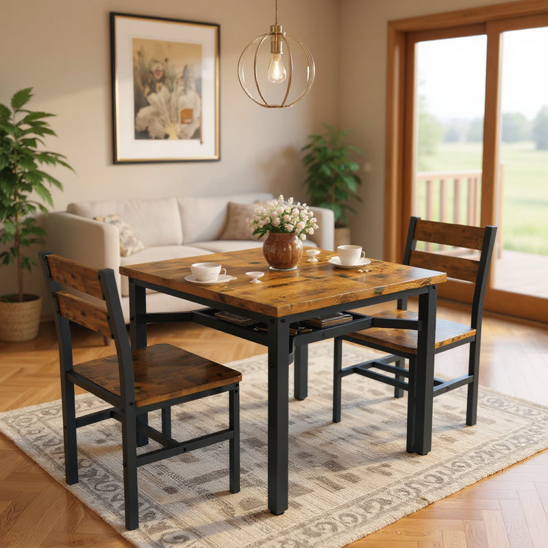 Ensemble de table de bar et de chaises carrées 3 pièces, ensemble de table de salle à manger de conception compacte avec tablette de rangement, ensemble de 3 petites tables de cuisine, plateau de table et cadre en métal