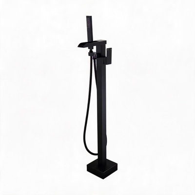 Robinet de baignoire autoportant en acier inoxydable noir mat avec douche à main et bec cascade