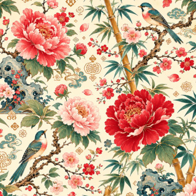Removable Peel and Stick Wallpaper Roll Floral Bird Vintage Bamboo Peony Flowers 23.6"W x 118"H