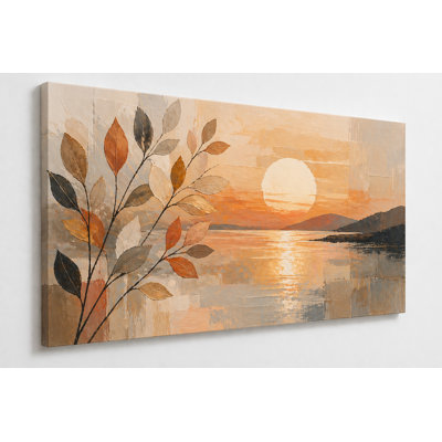 Grande feuille abstraite coucher de soleil sur toile 24 x 36 pouces, art de la nature moderne, minimaliste, décoration murale chaleureuse pour le salon, la chambre à coucher - prête à être accrochée