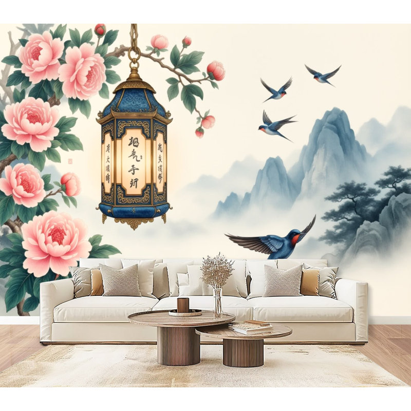 Papier peint adhésif auto-adhésif moderne pour la chambre à coucher Pirl and Stick L 96 po x l 69 po avec lanternes chinoises et hirondelles
