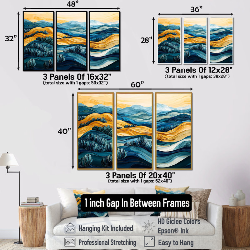 Jaune méditerranéen, oliveraies, paysage III, ensemble d'art mural abstrait, Toile naturelle avec cadre flottant