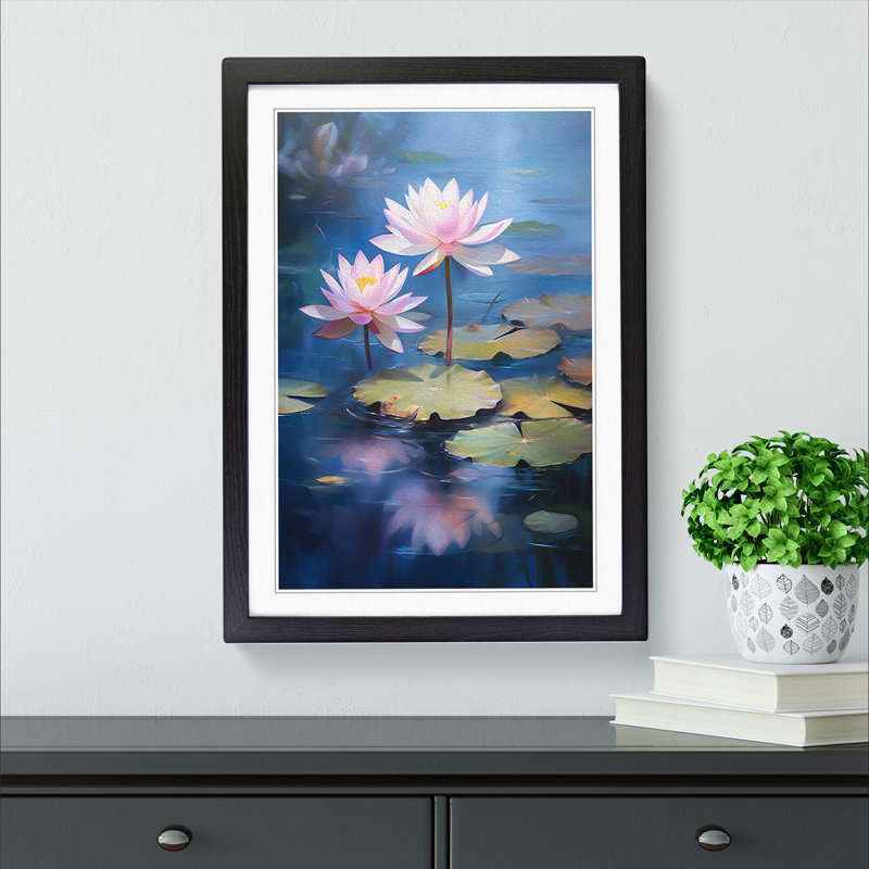 XYZ-FRM-V1223-4346 Lotus Flower Romanticism - Single Picture Frame Print on Wood, 64cm H x 46cm W x 2cm D, Black