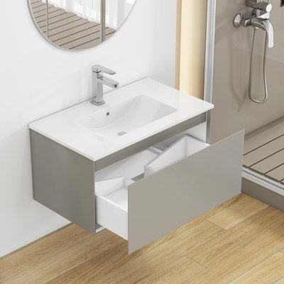 Meuble-lavabo mural 32 po avec 1 grand tiroir, système de fermeture en douceur, lavabo en céramique, conception sans poignée, bois massif, finition peinture, facile à installer, le robinet n'est pas inclus, gris moka