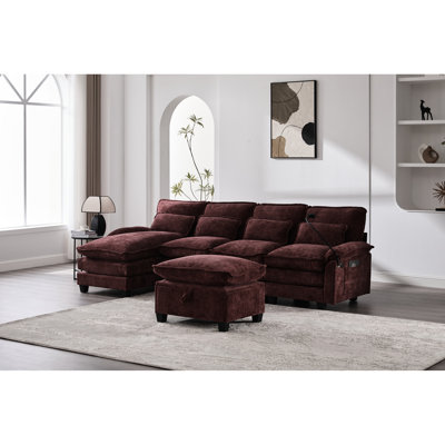 U Shape Sectional Cloud Couch For Living Room, 4 Seat Chenille U-shaped Sleeper With Chaise Lounge, & Pillows, Soft Breathable Fabric, Solid Wood Frame, Built-in +type-c Charging Interface,