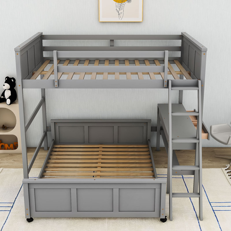 Lit superposé en bois avec bureau d'étude intégré et tiroirs de rangement, Gris, Lit superposé double sur double