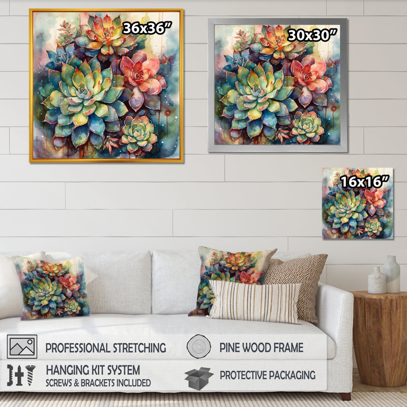 Rylinn Green Red Cactus Scenery IV - Print on Canvas, 16" H x 16" W, Gold Floater Framed