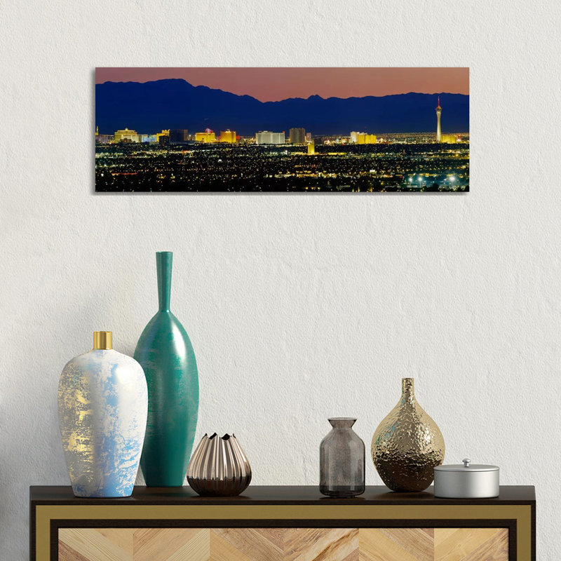 Aerial View Of Buildings Lit Up At Dusk, Las Vegas, Nevada, USA - Wrapped Canvas Panoramic Print