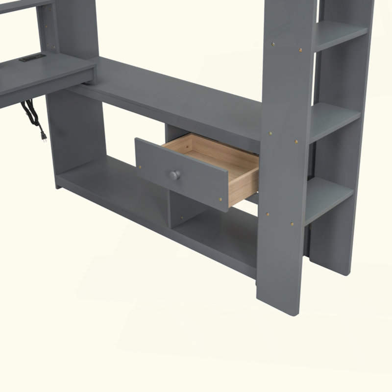 Lit mezzanine en bois avec bureau, tablettes multiples, DEL et station de charge