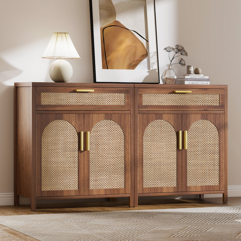 Sideboard Buffet Cabinet With Rattan Doors, Kitchen Storage Cabinet With Drawers And Adjustable Shelves For Dining Living Room, Walnut