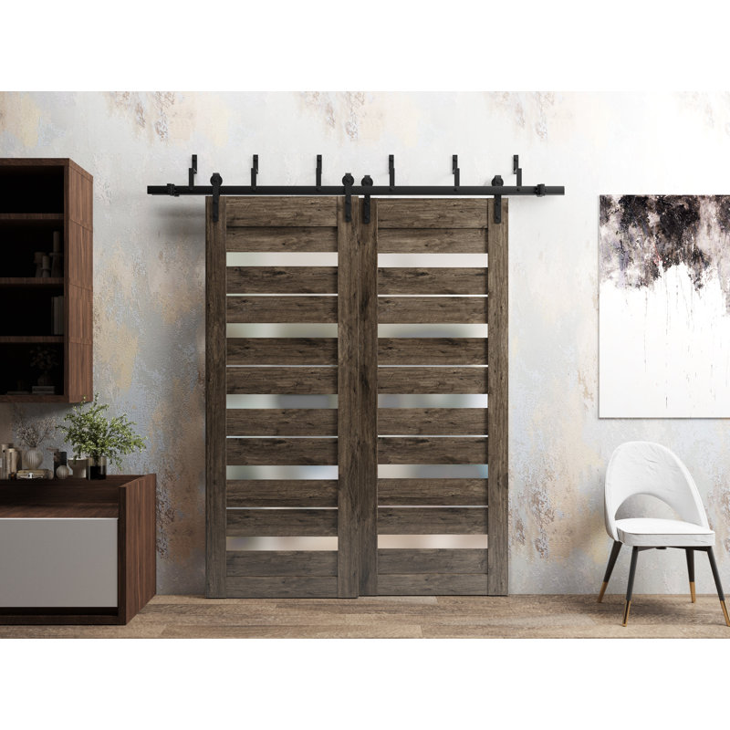 Portes coulissantes de style grange avec verre dépoli Quadro 4445 Chêne Cognac Rails robustes de 2 m (6,6 pi) Ensemble de quincaillerie Portes de placard de chambre en bois massif - 84 x 80 (2 x 42 x 80)