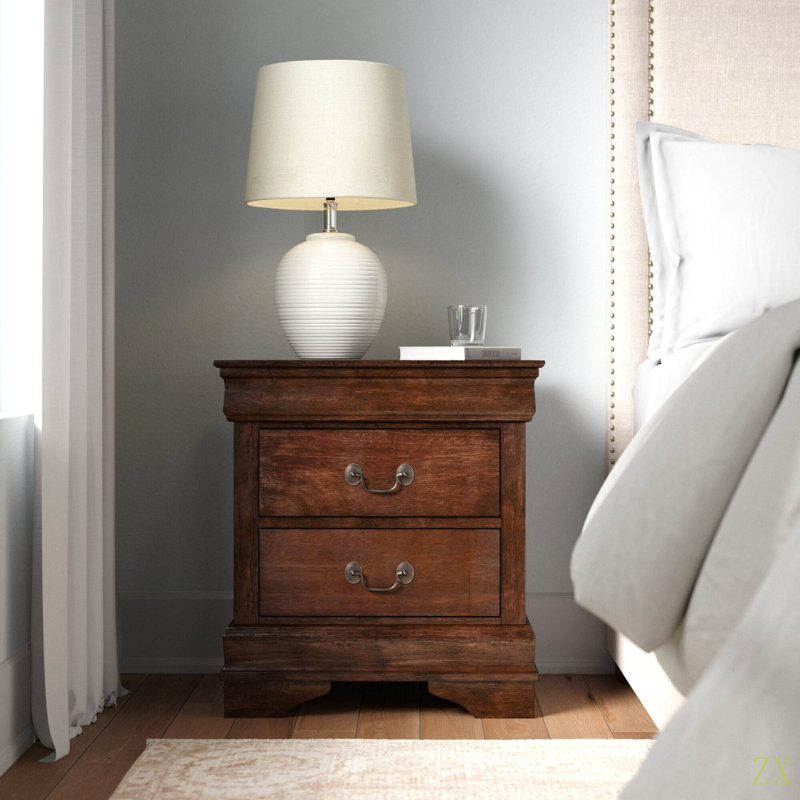 Table de chevet classique de style Louis Philippe avec 2 tiroirs de style traditionnel, Brun