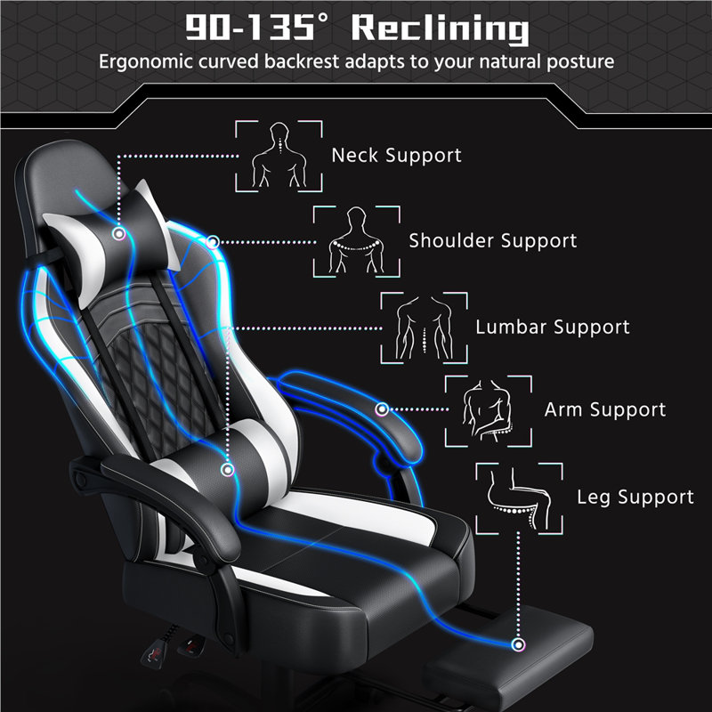 Metro Lane Adjustable Reclining Ergonomic Faux Leather Swiveling PC & Racing Game Chair with Footrest, Black/White