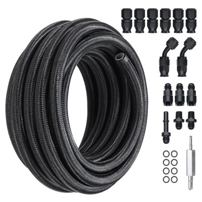 Ensemble de conduite de carburant 6AN, ensemble de tuyau de carburant de 25 pi, ensemble de conduite de carburant en PTFE tressé en acier inoxydable de 5/16 po en nylon, ensemble de raccord d'extrémité de tuyau E85 / huile / gaz / gazole, avec adaptateur de raccord pivotant 15 pièces, noir