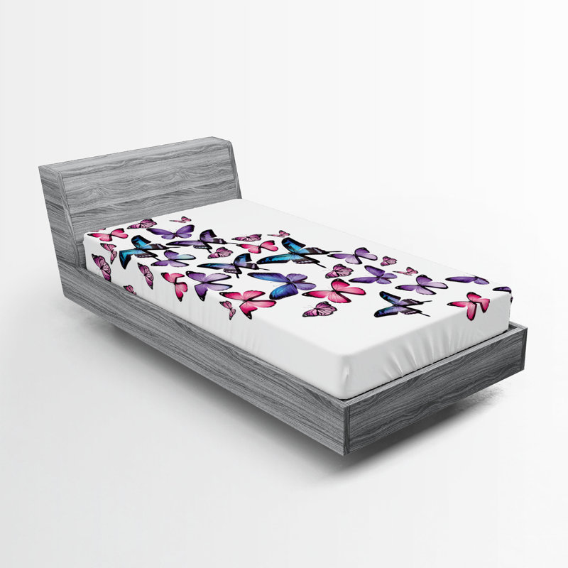 Drap-housse papillon Ambesonne 2 pièces Wings of Spring Dancing mauve rose bleu, Drap-housse simple très long