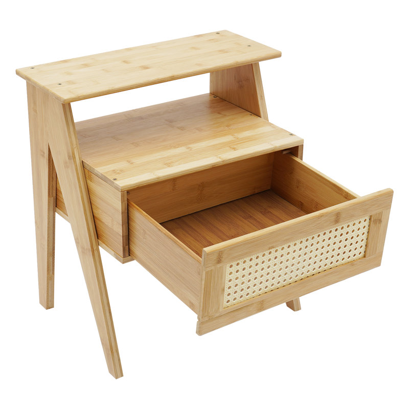 Table de chevet en bambou avec tiroir et tablette ouverte Fairmount