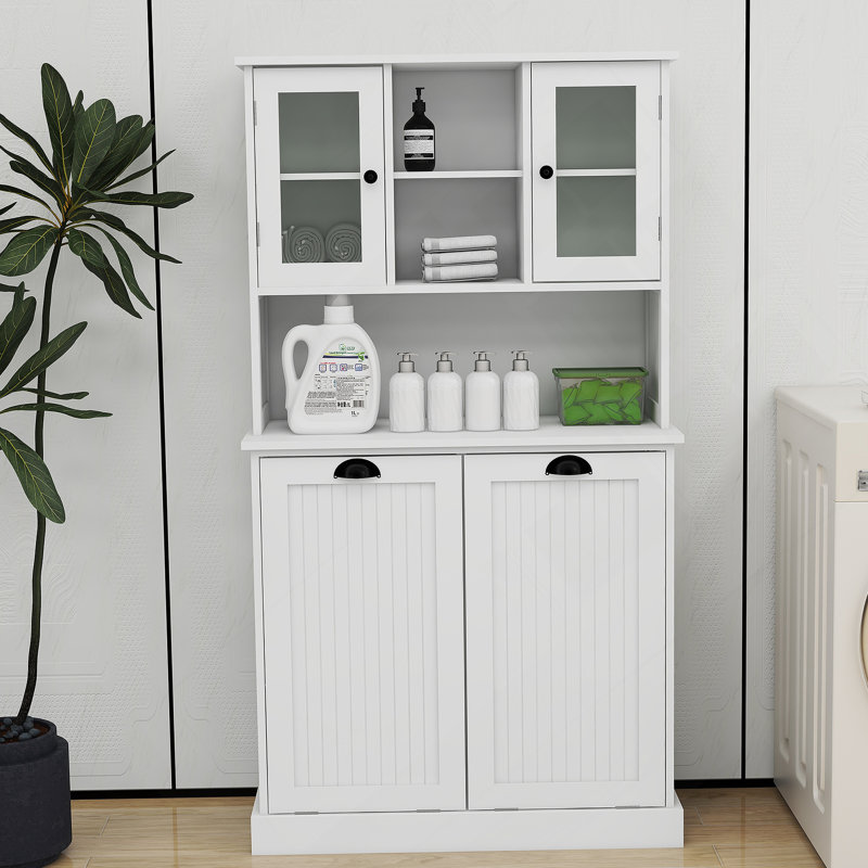 Two-Compartment Tilt-Out Dirty Laundry Basket Tall Bathroom Cabinet