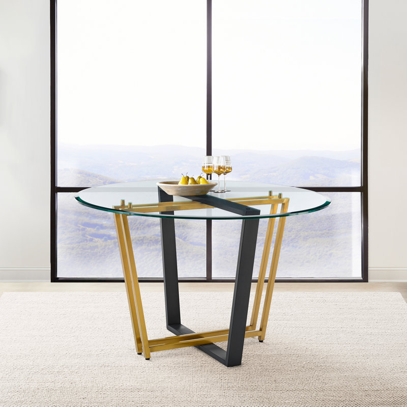 Table de salle à manger contemporaine Kasius 48 "avec base en acier et plateau en verre, Noir / or