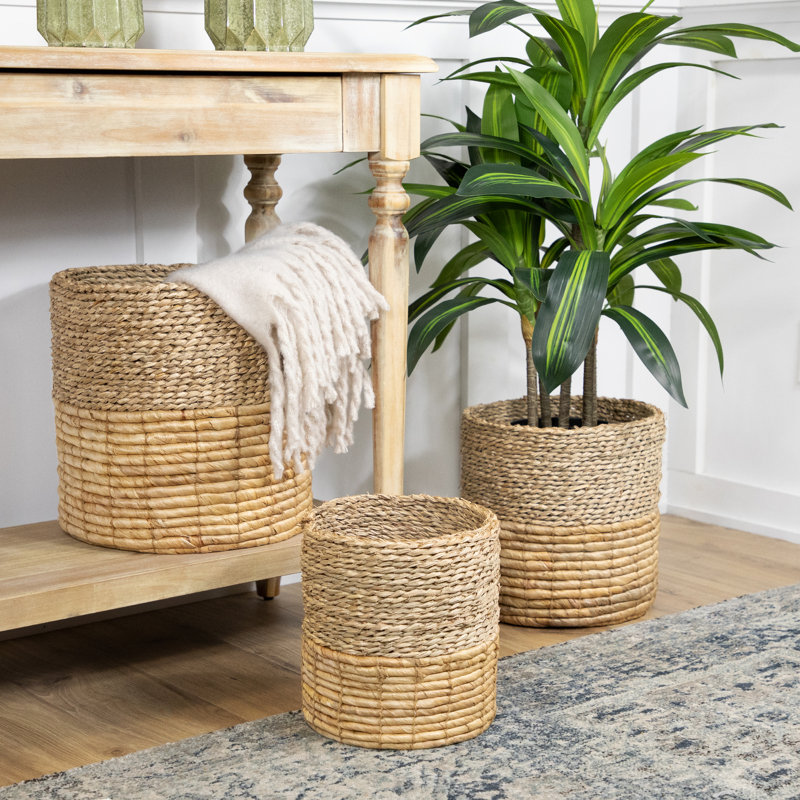 Set Of 3 Tan And Brown Twist Woven Round Storage Baskets 13.75"