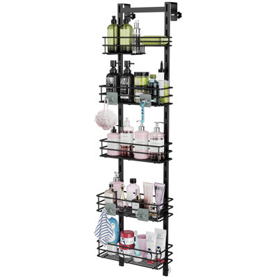 Support de rangement pour garde-manger au-dessus de la porte avec des crochets fiables, support de rangement pour panier de douche à suspendre robuste, tablettes de salle de bain sans perçage, noir à 5 niveaux