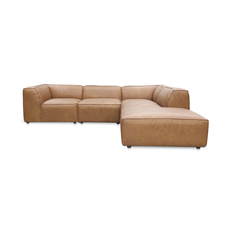 Form Astra 5 - Genuine Leather Modular Sectional with Ottoman, Tan Genuine Leather, 26" H x 112" W x 102.5" D