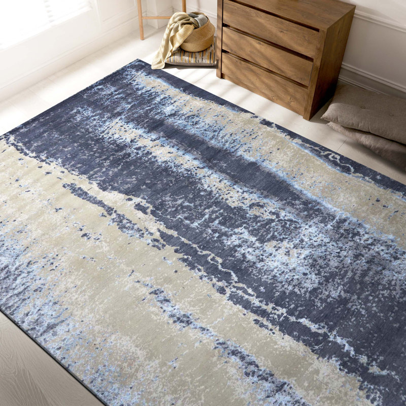 Tapis rectangulaire en laine / viscose noué à la main bleu / beige / blanc, Rectangle 6 pi x 9 pi