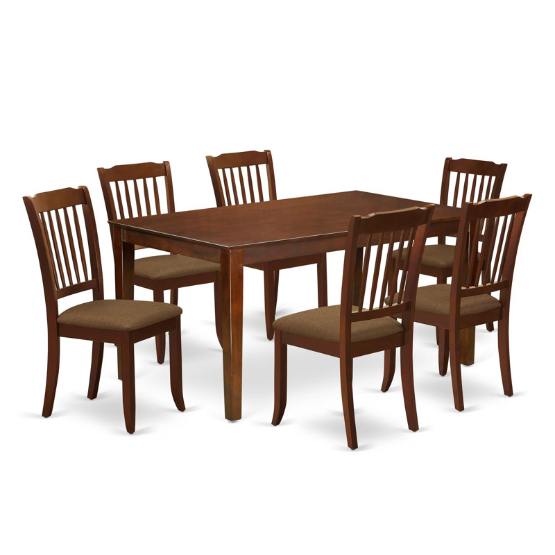 Ensemble de meubles de salle à manger 7 pièces comprenant une table de cuisine rectangulaire et 6 chaises de salle à manger rembourrées en tissu de lin, 36 x 60 pouces, acajou