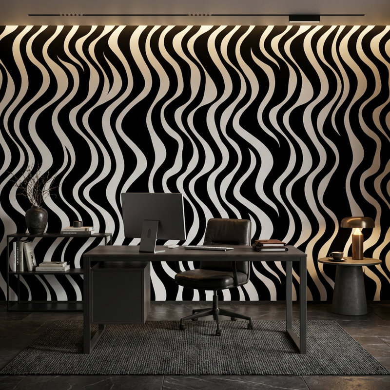 Papier peint abstrait noir et blanc Wavy, 120 po x 96 po, Peler et coller