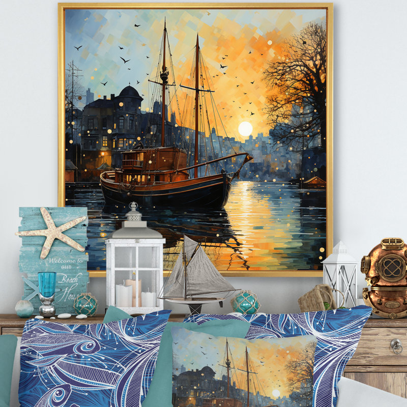 «Coastal Port Of Tranquility X» - Impression sur toile nautique et plage, H 36 po x l 36 po, Encadrement doré