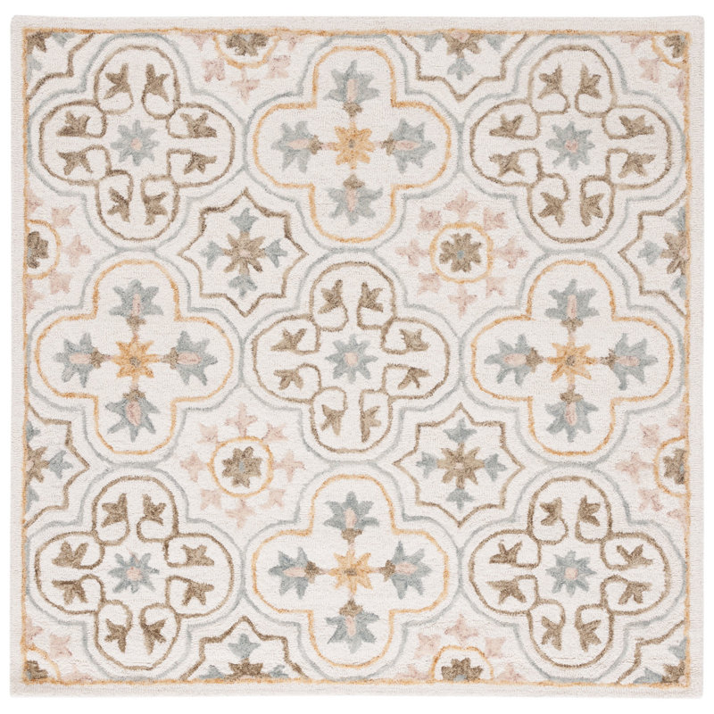 Caleia Micro-Loop Hand Tufted Wool/Cotton Floral Rug in Gray/Orange/Ivory, Square 5'